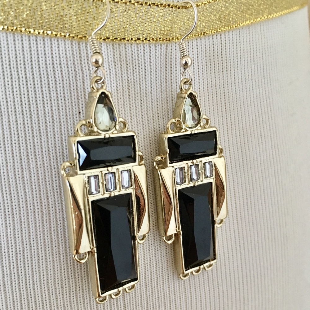 Art Deco chandelier earrings with black stones